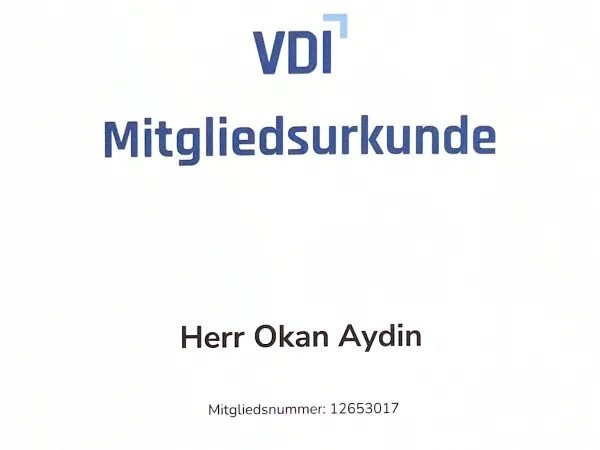 VDI Mitgliedsurkunde für Okan Aydin, Mitgliedsnummer 12653017