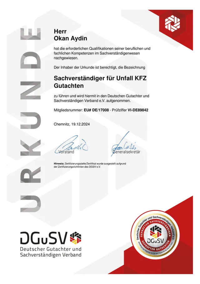Mitgliedsurkunde des DGuSV für Okan Aydin