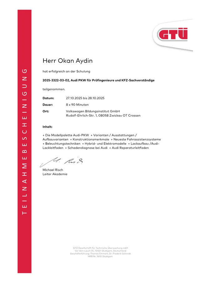 Herstellerschulung Audi PKW für Prüfingenieure und Kfz-Sachverständige – Nachweis von Okan Aydin