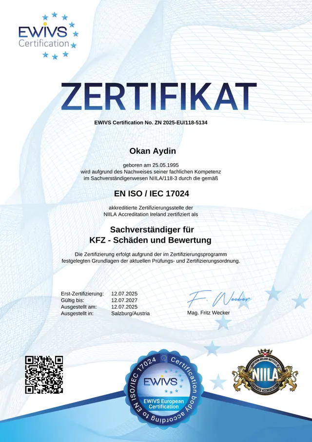 Personenzertifikat nach EN ISO/IEC 17024 für Okan Aydin (Geburtsdatum geschwärzt)