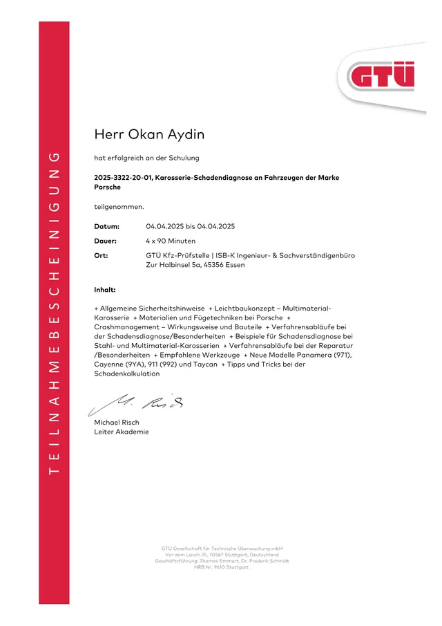 Karosserie- und Schadendiagnose an Fahrzeugen – Nachweis von Okan Aydin