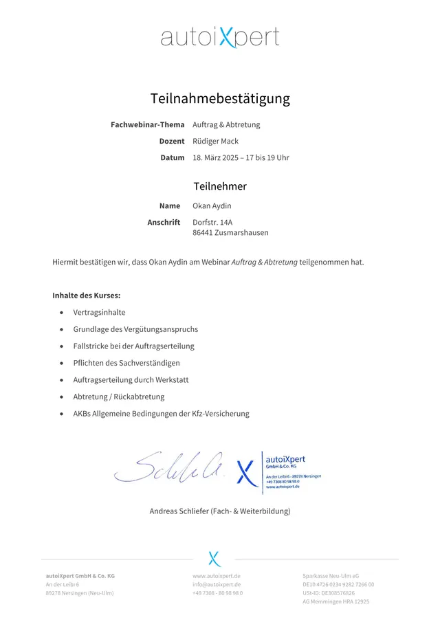 Auftrag und Abtretung – Nachweis von Okan Aydin (persönliche Angaben geschwärzt)
