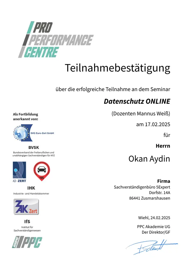Datenschutz – Nachweis von Okan Aydin (persönliche Angaben geschwärzt)