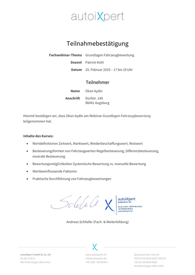 Grundlagen Fahrzeugbewertung – Nachweis von Okan Aydin (persönliche Angaben geschwärzt)