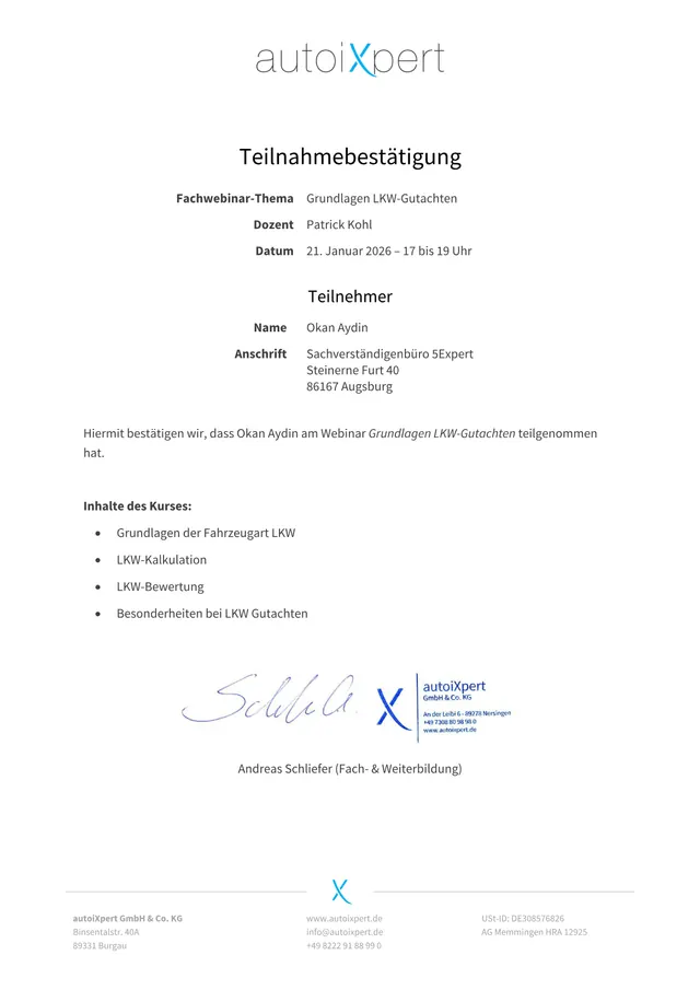 Grundlagen Lkw-Gutachten – Nachweis von Okan Aydin