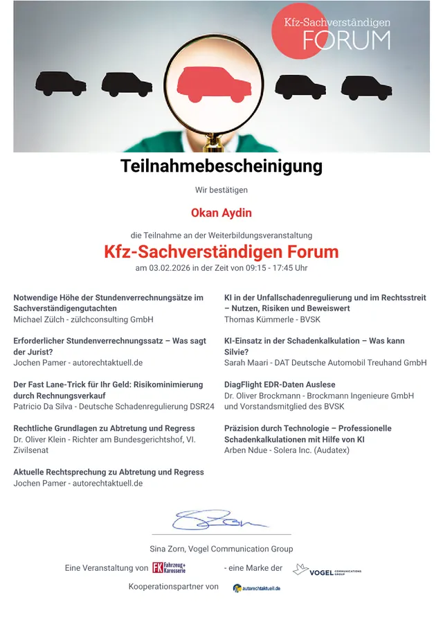 Kfz-Sachverständigen Forum 2026 – Nachweis von Okan Aydin
