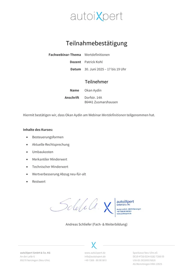 Wertdefinitionen – Nachweis von Okan Aydin (persönliche Angaben geschwärzt)