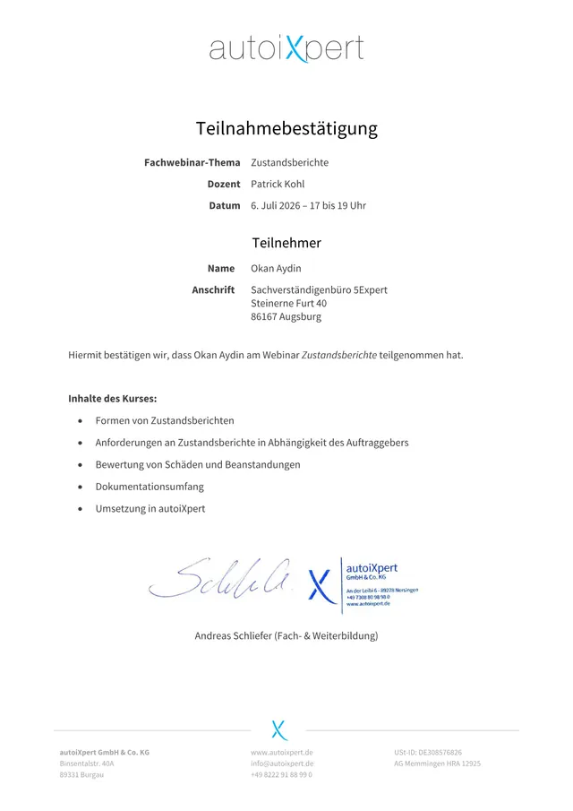 Zustandsberichte – Nachweis von Okan Aydin